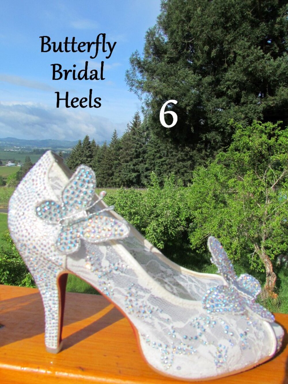 SPARKLY BUTTERFLY & WHITE LACE HEELS, 6, 4" HEELS, GLITTERY PEEP TOE w RED SOLES